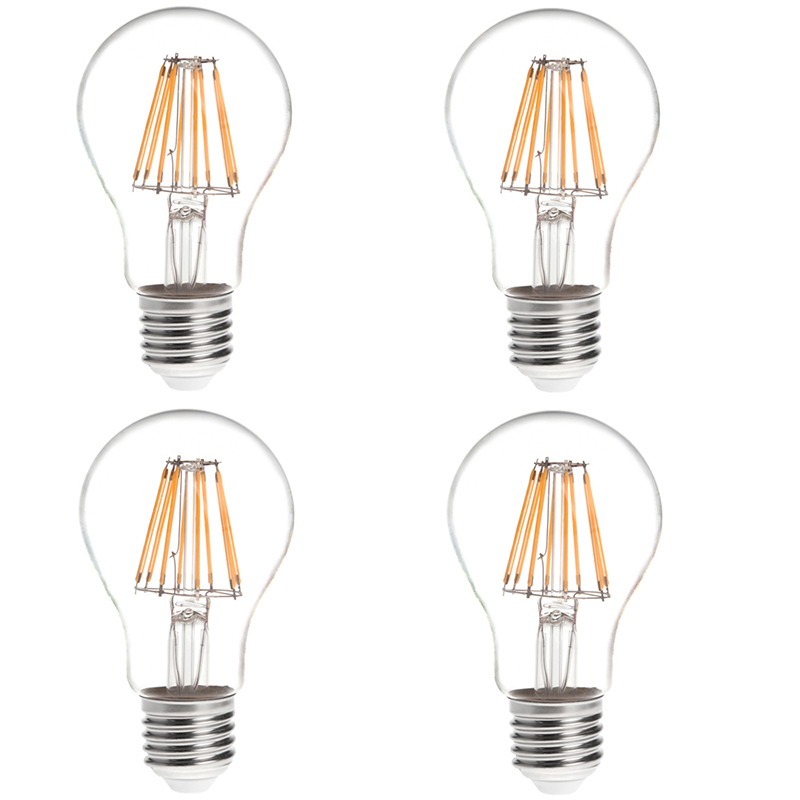 A19 E26/E27 8W LED Vintage Antique Filament Light Bulb, 75W Equivalent, 4-Pack, AC100-130V or 220-240V